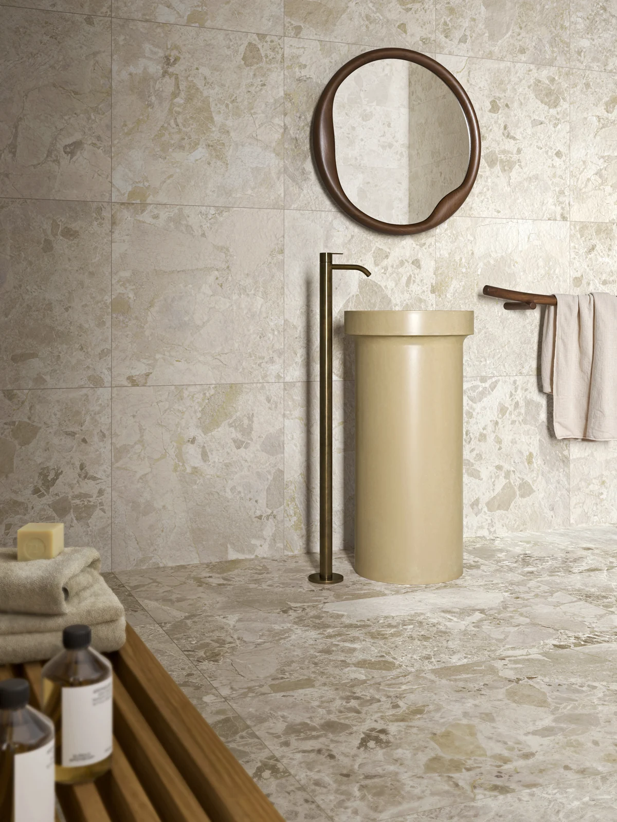 Crumble Stone Greige and White bathroom detail.