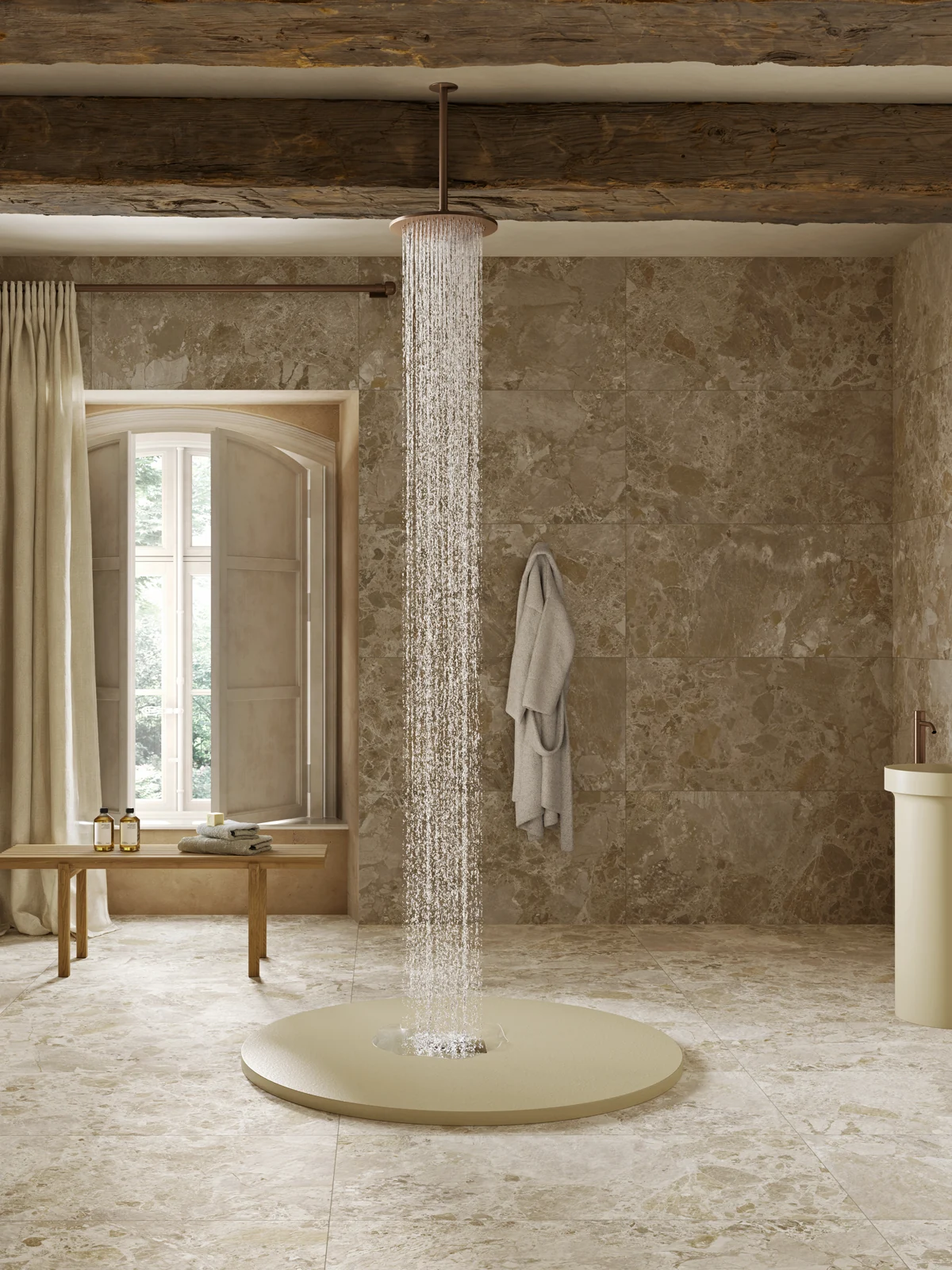 Crumble Stone Beige and Mud in a bathroom.