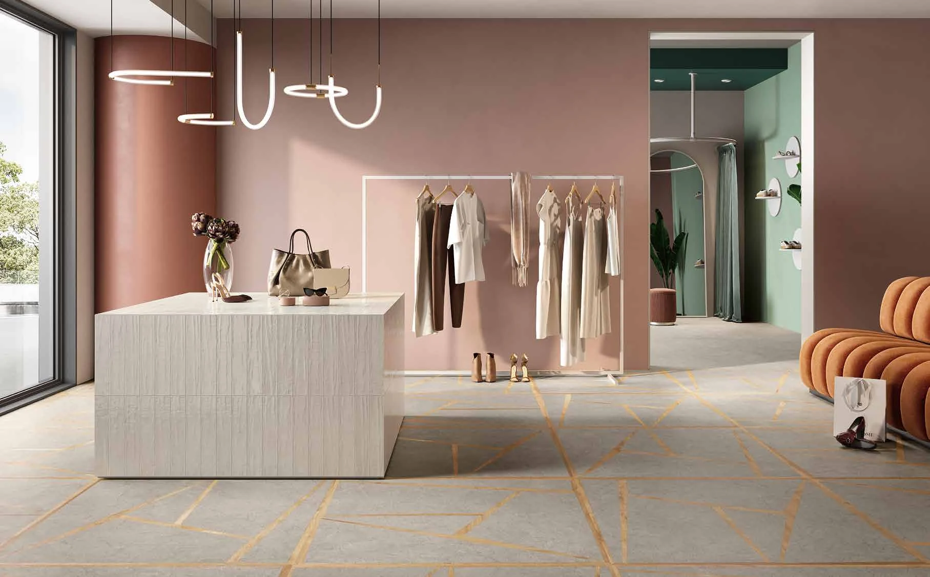 Grey and Grey Woody floor tiles in the boutique. The counter facing is COLORFUL Cotton Brick, a separate collection.