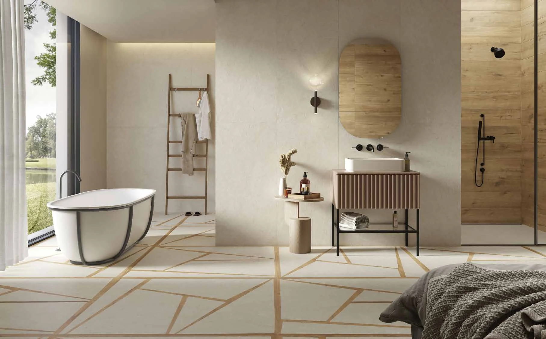 White field tiles on the bathroom walls and White Woody on the floor. The wood-look shower wall is ARKÈ Miele, a separate collection.