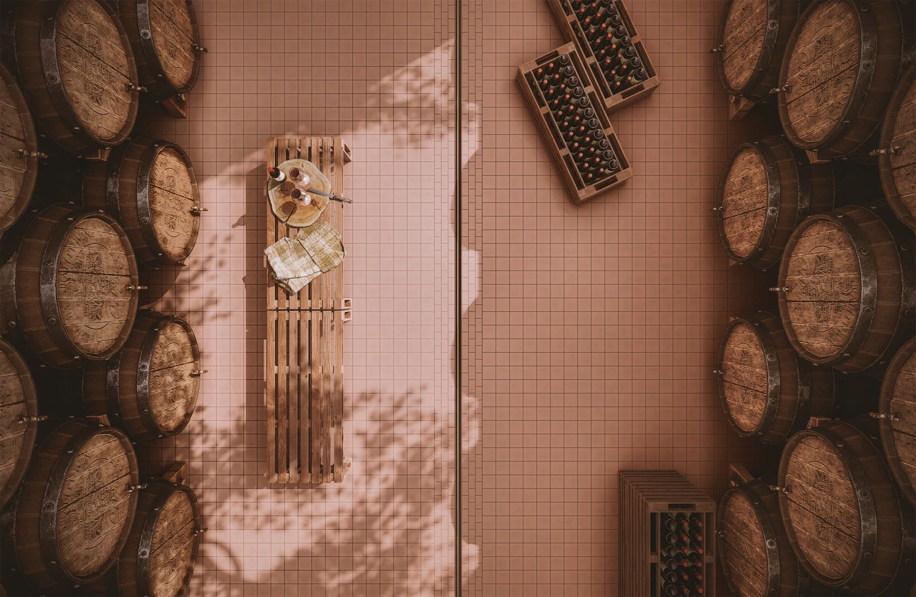 Pastelli · Pink walls and bottle displays in a wine room.