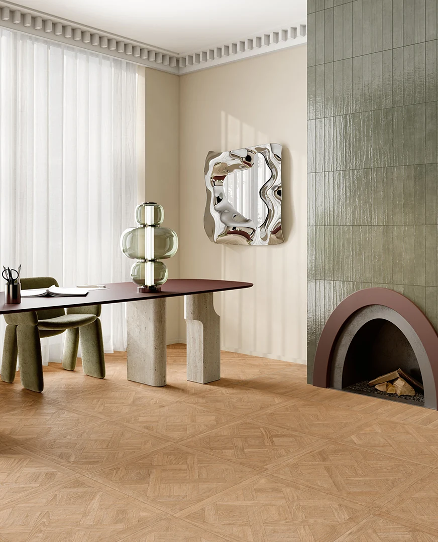 Rovere Sbiancato Studio square flooring with a matching Brick border. The green wall is COLORFUL Pine Green Brick.
